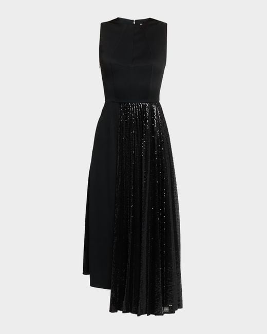 Michael Kors Black Pleated Sequin Overlay Sleeveless Midi Dress