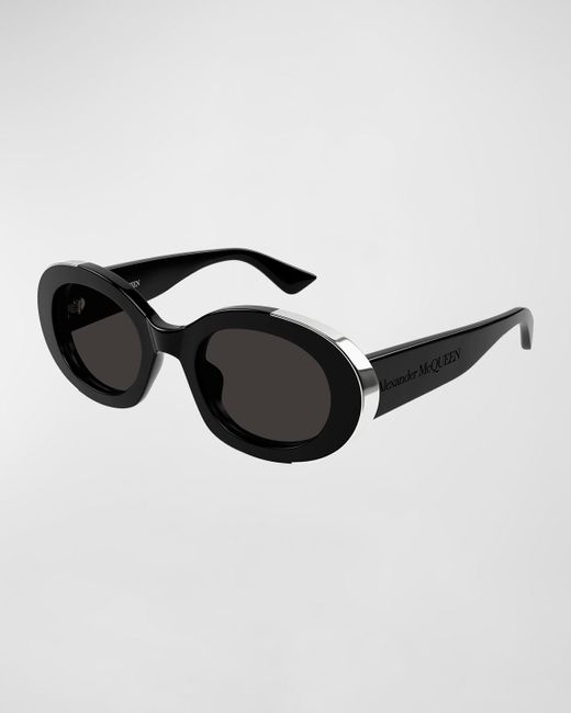 Alexander McQueen Black Silver Embellished Acetate Oval Sunglasses