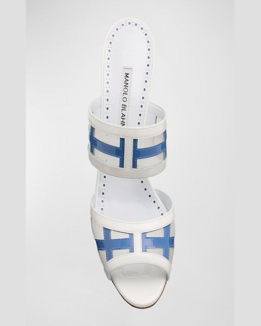 Manolo Blahnik Blue Bicolor Leather Dual-Band Slide Sandals
