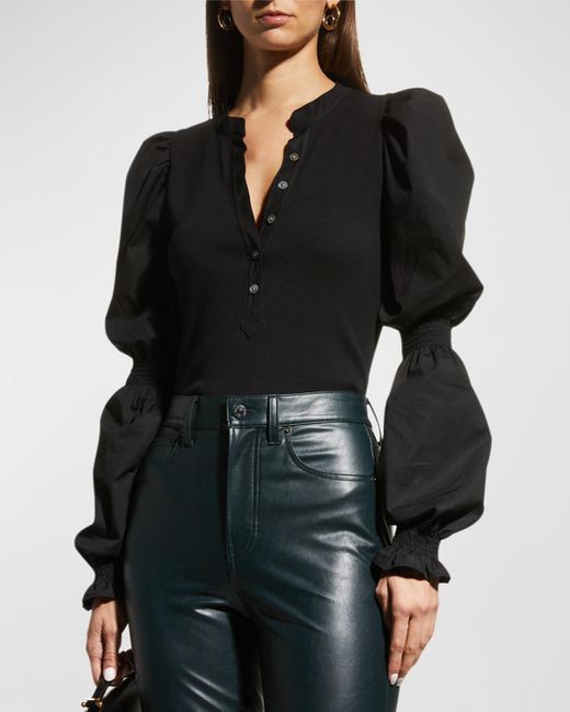 Veronica Beard Black Effy Button-Front Cinched Sleeve Top