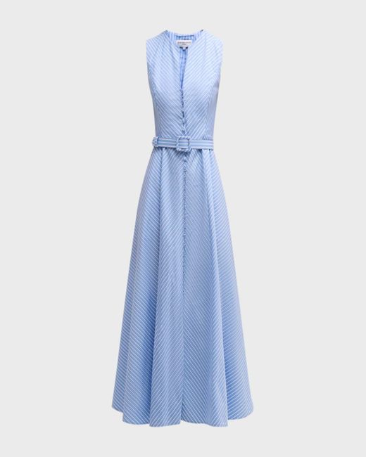 Evi Grintela Blue Carine Belted Striped Cotton Midi Dress