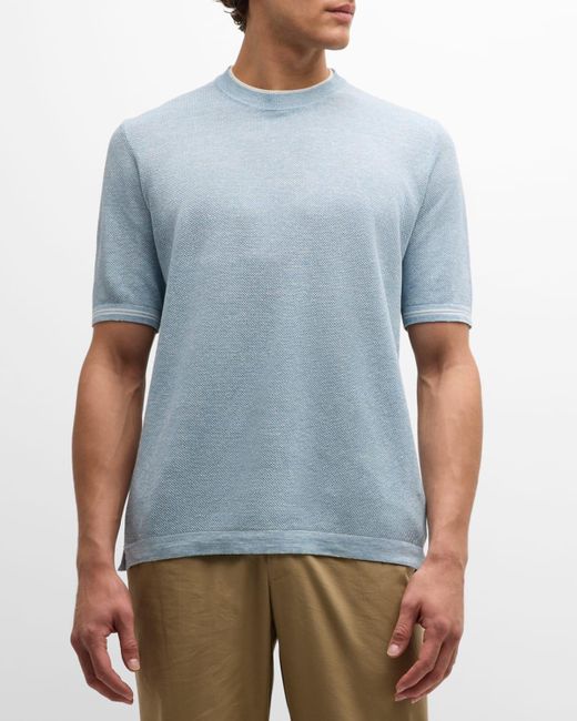 FIORONI CASHMERE Blue Linen-Cotton Pique Crewneck T-Shirt for men