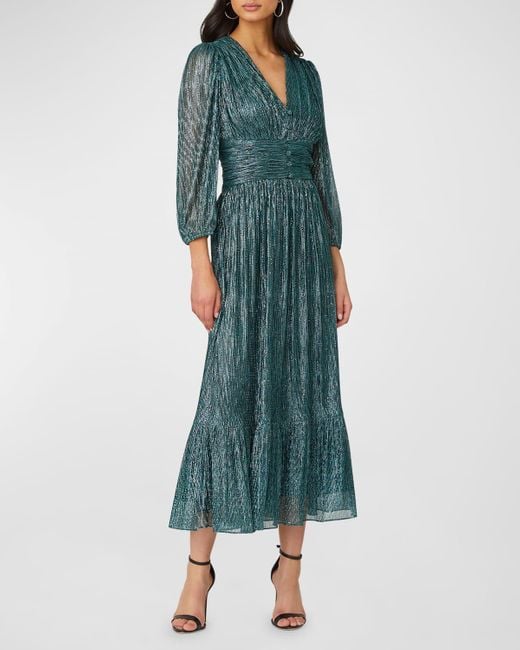 Shoshanna Green Clara Blouson-Sleeve Metallic Empire Midi Dress