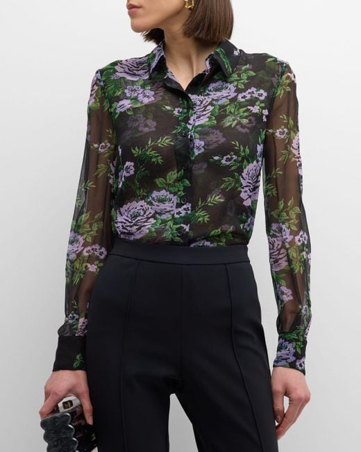 Carolina Herrera Gray Floral-Print Collared Chiffon Silk Blouse