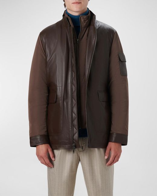 Bugatchi Leather Bomber Jacket W/ Removable Bib in Brown for Men | Lyst