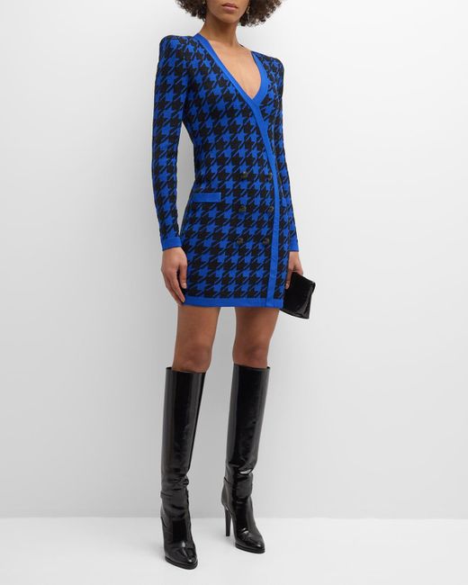 L'Agence Blue Odell Long-sleeve Houndstooth Knit Mini Dress