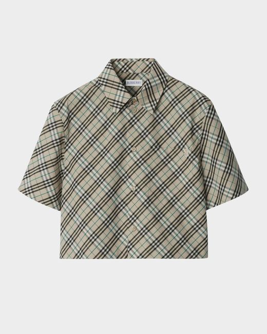Burberry Gray Check Short-Sleeve Crop Button-Down Shirt