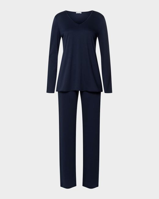 Hanro Blue Silk-Trim Mercerized Cotton Pajama Set