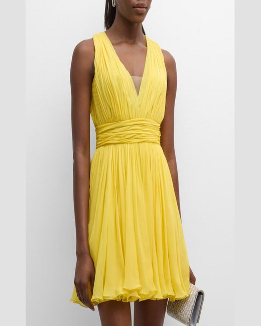 Giambattista Valli Yellow Plunging Pleated Sleeveless Silk Georgette Mini Dress