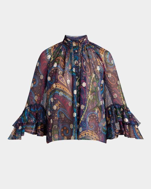 Etro Blue Emerald Paisley Ruffle Fil Coupe Blouse