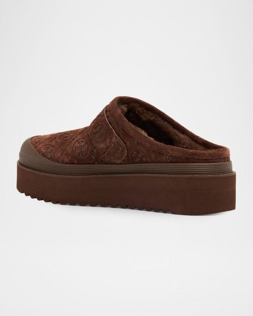 Tory Burch Brown Mellow Shearling Platform T Monogram Mules