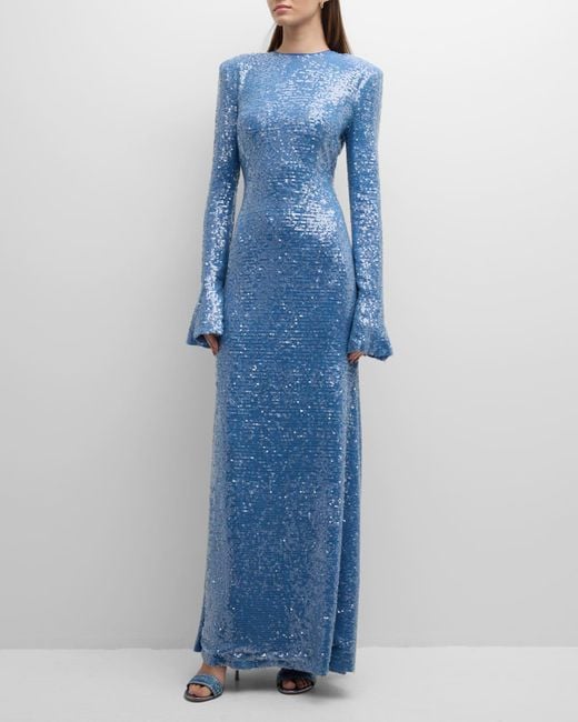 LAPOINTE Blue Sequin Flare-Sleeve Strong-Shoulder Maxi Dress