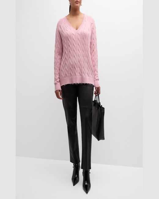 Minnie Rose Pink Plus Size Frayed Cable-Knit Sweater