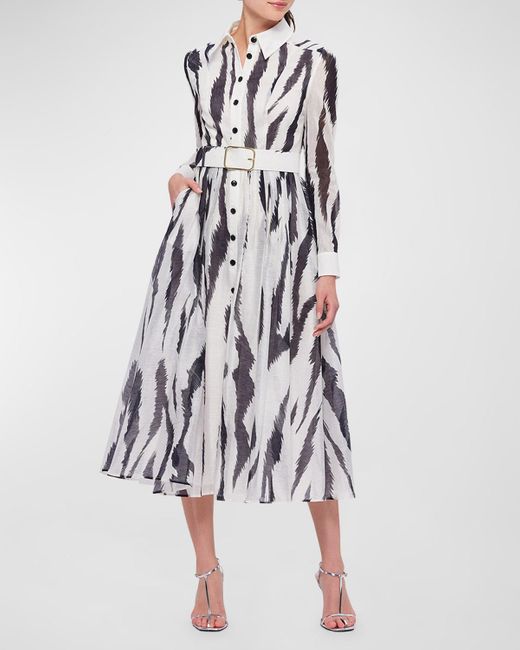 LEO LIN White Veronica Belted Zebra-print Midi Shirt Dress