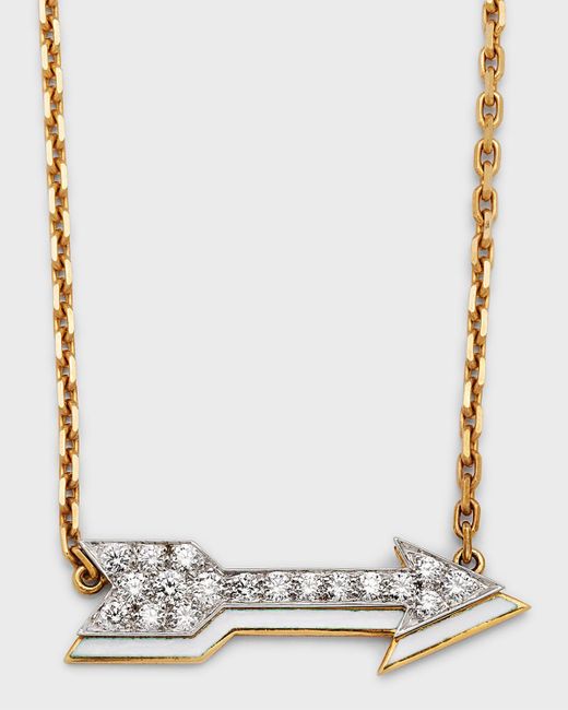 David Webb Metallic Motif 18k Gold Diamond Arrow Pendant Necklace With White Enamel