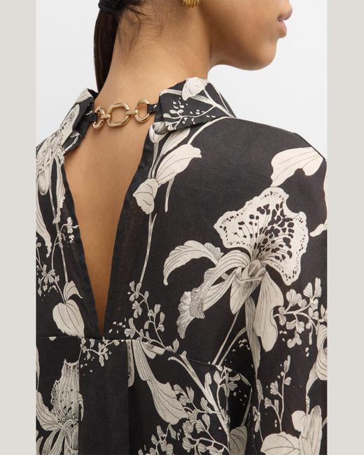 Teri Jon Multicolor Floral-Print Chain-Embellished Linen Midi Dress