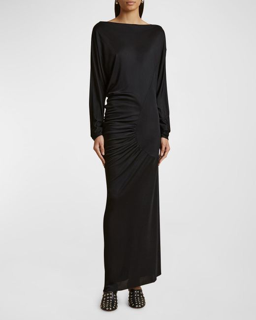Khaite Black Oron Long-Sleeve Asymmetric Gathered Maxi Dress