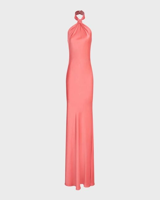 Halston Heritage Pink Emi Twist-Front Satin Halter Gown