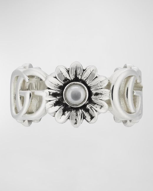 Gucci Metallic GG Marmont 10mm Sterling Silver Pearl Flower Ring