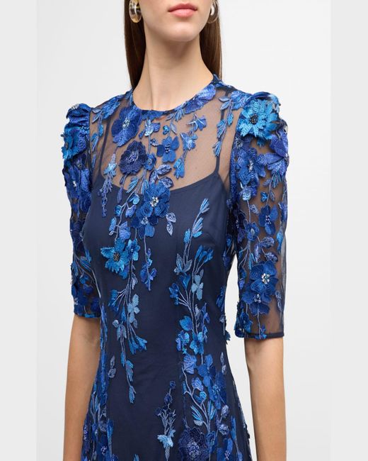 Teri Jon Blue Beaded Floral-Embroidered A-Line Midi Dress