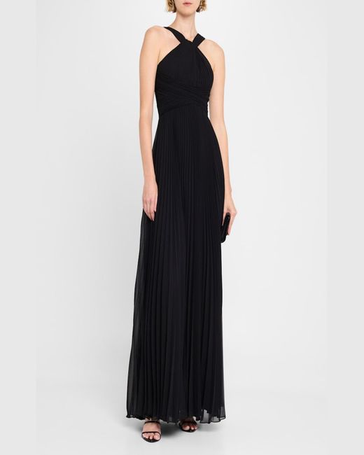 Teri Jon Black Pleated Twist-Front A-Line Halter Gown