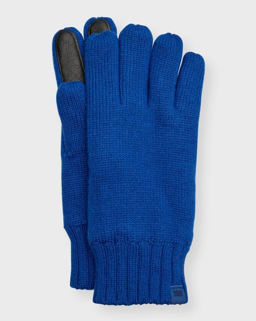 Ugg Blue Knit Gloves With Leather Palm Patch for men