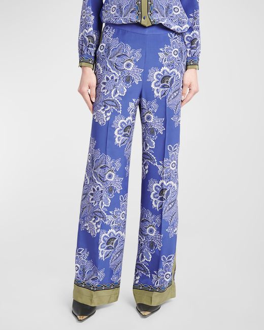 Etro Blue High-rise Bandana Border-print Wide-leg Silk Pull-on Pants