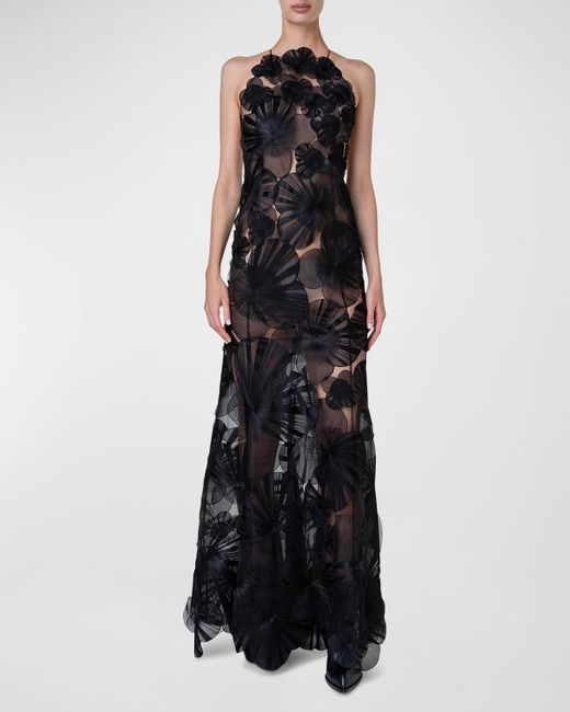Akris Black Anemone Tulle Gown With Silk Organza Floral Detail