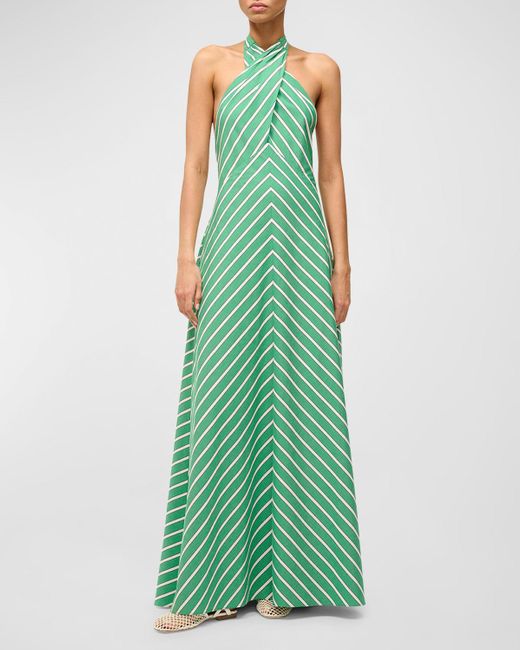 Staud Green Dawn Tie-Neck Striped Maxi Crossover Halter Dress