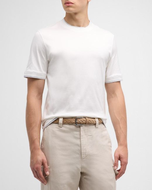 Brunello Cucinelli White Cotton Crewneck T-Shirt With Tipping for men