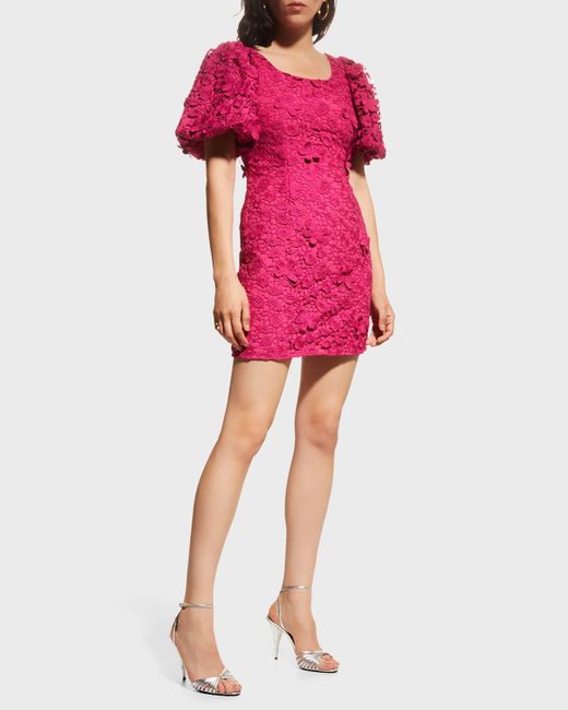Zac Posen Pink Puff-sleeve Floral Lace Mini Dress
