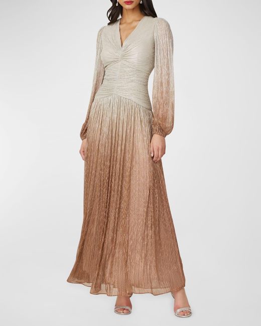 Shoshanna Natural Alina A-line Ombre Metallic Chiffon Gown