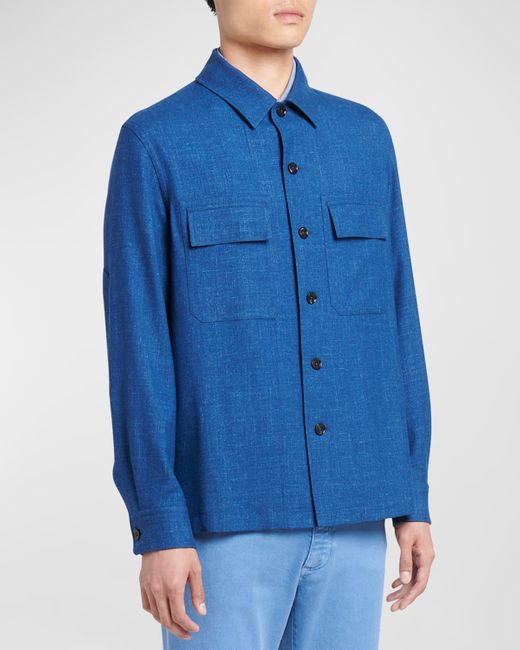 Zegna Blue Oasi Cashmere-Linen Overshirt for men