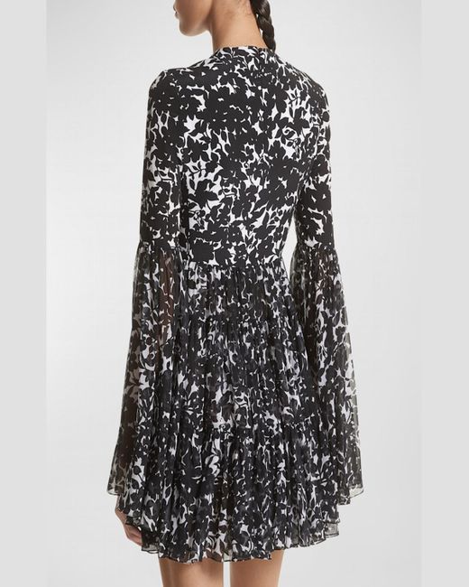 Michael Kors Black Plunging Floral Silk Chiffon Flare-Sleeve Tiered Mini Dress