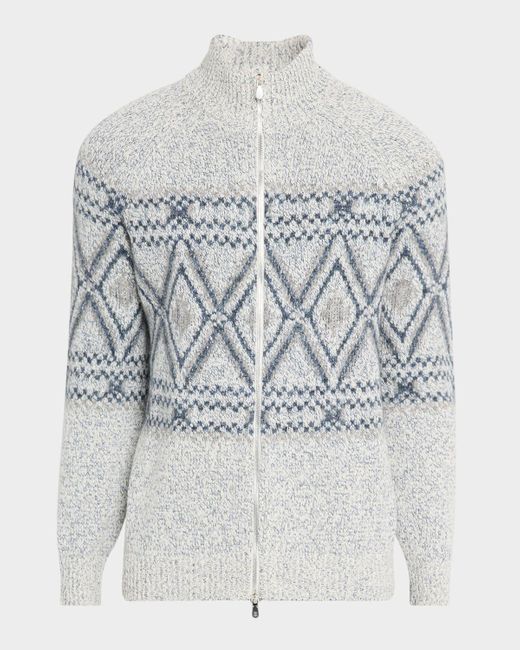 Brunello Cucinelli Gray Fair Isle Alpaca-Blend Zip Cardigan for men