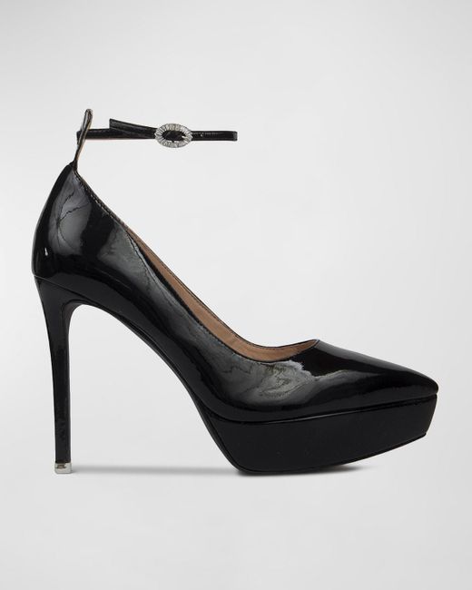 Black Suede Studio Gracie Patent Crystalbuckle Platform Pumps in Black
