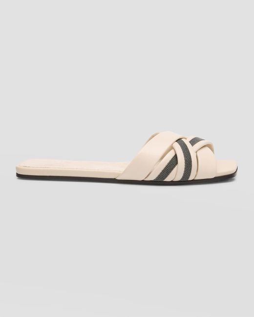 Brunello Cucinelli Metallic Leather Monili Flat Slide Sandals