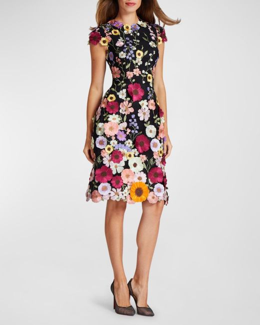 Teri Jon Red 3d Floral Applique Lace Knee-length Dress