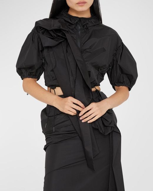 Simone Rocha Black Pressed Rose-Applique Puff-Sleeve Crop Jacket