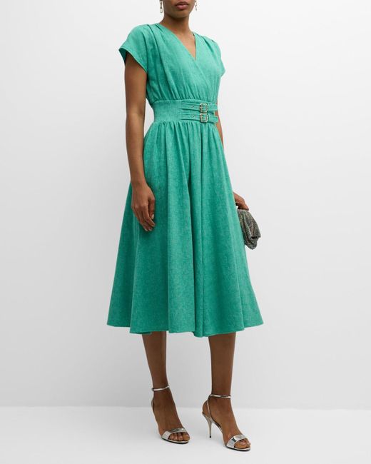 Tahari Green The Romina Buckle-Embellished A-Line Midi Dress