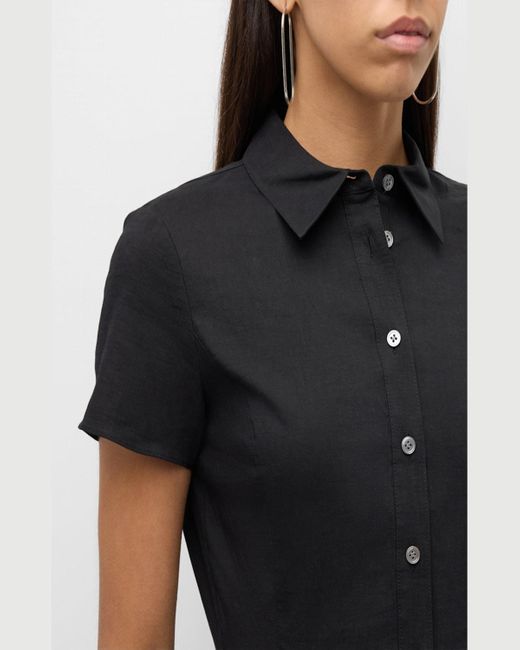 Theory Black Good Linen Short-Sleeve Button-Front Midi Shirt Dress