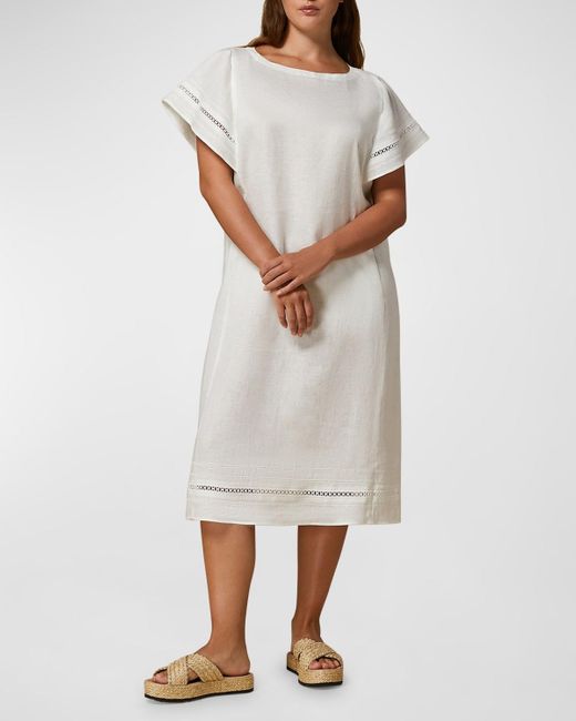 Marina Rinaldi White Plus Size Bartolo Embroidered Linen Midi Dress