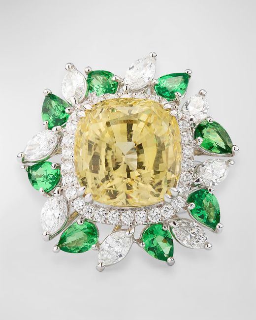 Alexander Laut Green 18K Cushion Sapphire And Tsavorite Ring With Diamonds, Size 7