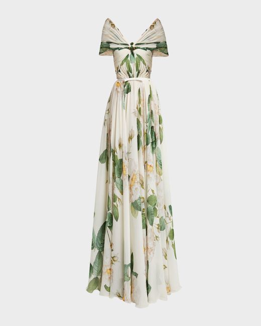 Giambattista Valli Green Floral-Print Twisted Off-The-Shoulder Gown