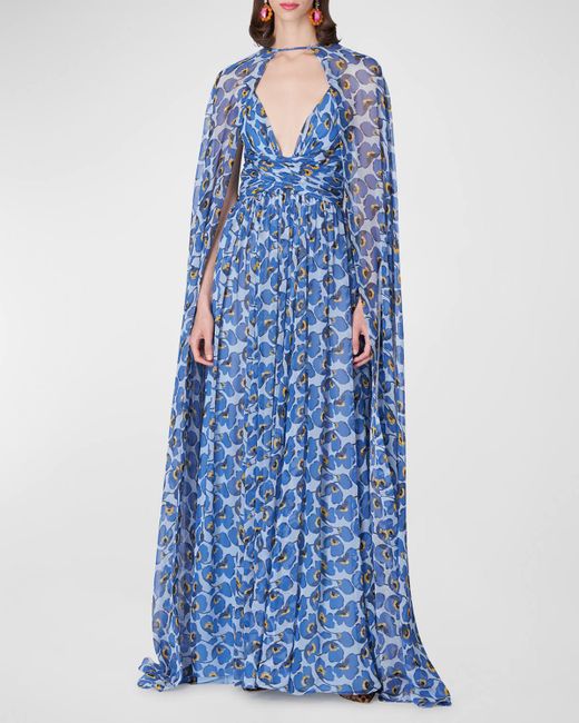 Carolina Herrera Plunging Floral Chiffon Gown W/ Cape Overlay in Blue ...
