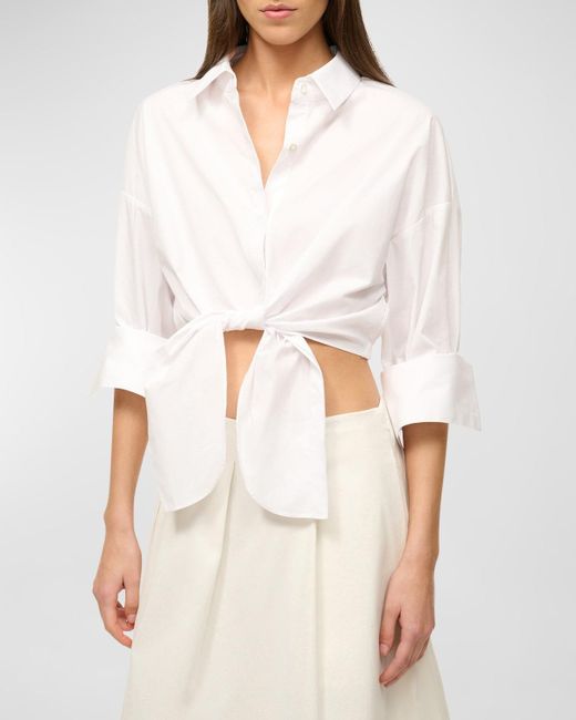 Staud White Lisa Tie-Front Cotton Shirting Crop Top