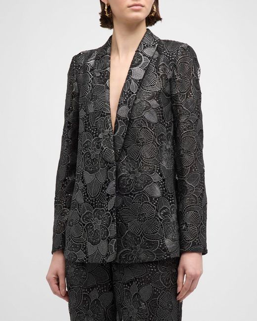 Emanuel Ungaro Gray Shawl-Collar Metallic Floral Lace Jacket
