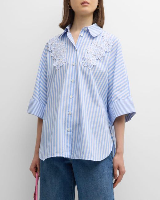 Maison Common Blue Flower-Applique 3/4-Sleeve Striped Cotton Collared Shirt