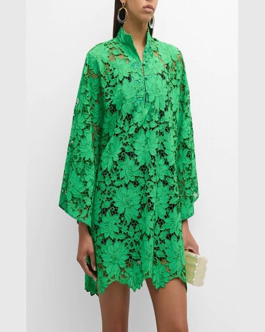 La Vie Style House Green High-Collar Embroidered Floral Lace Mini Caftan