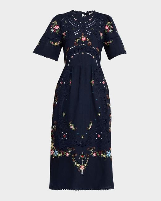 Sea Blue Edwina Embroidered Midi Dress